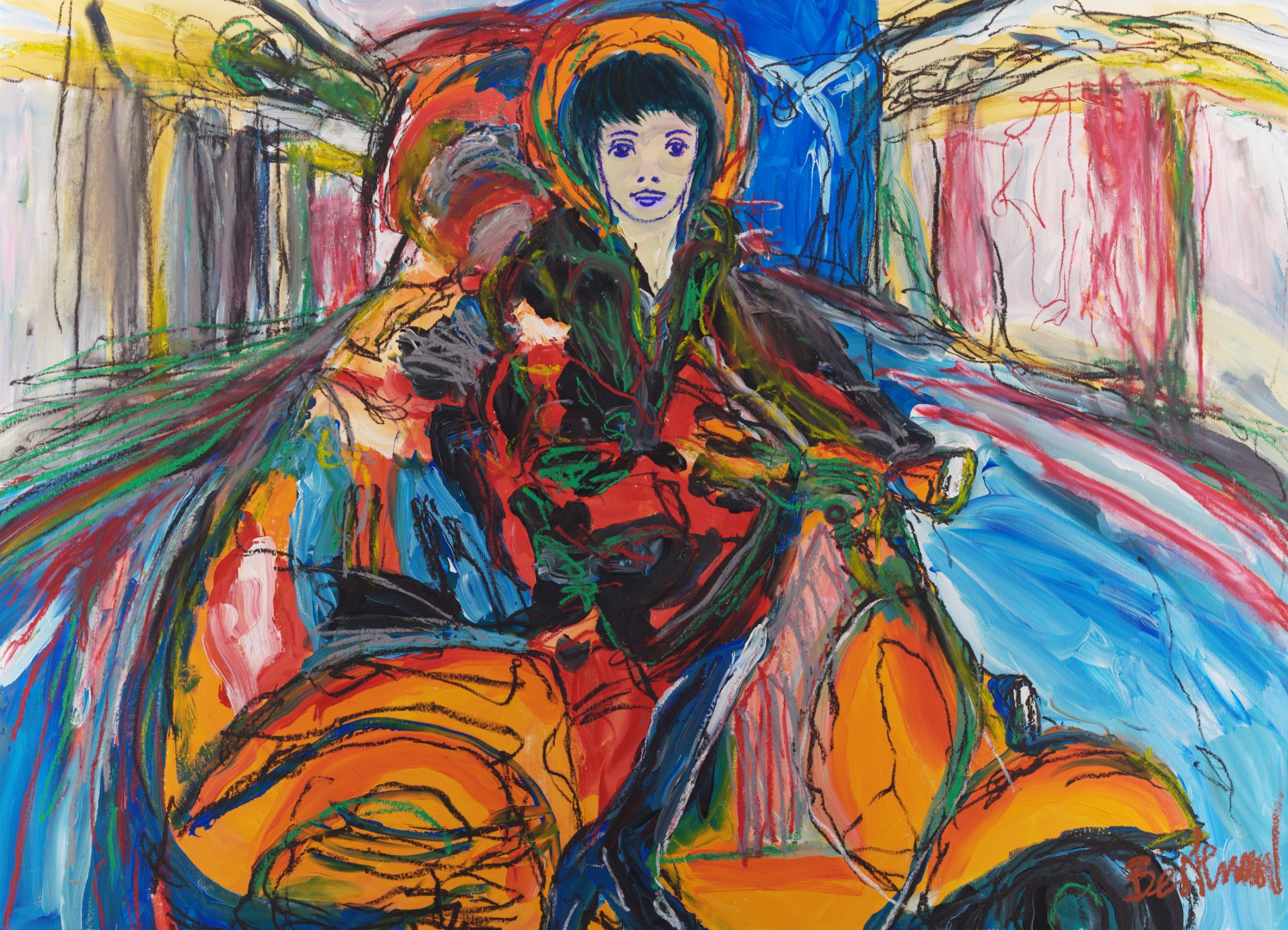 Roma 1 (2026), a 130 x 180 cm painting by Claus Bertermann - a woman on a scooter, caught mid-street in Rome. Hand-painted, no AI.