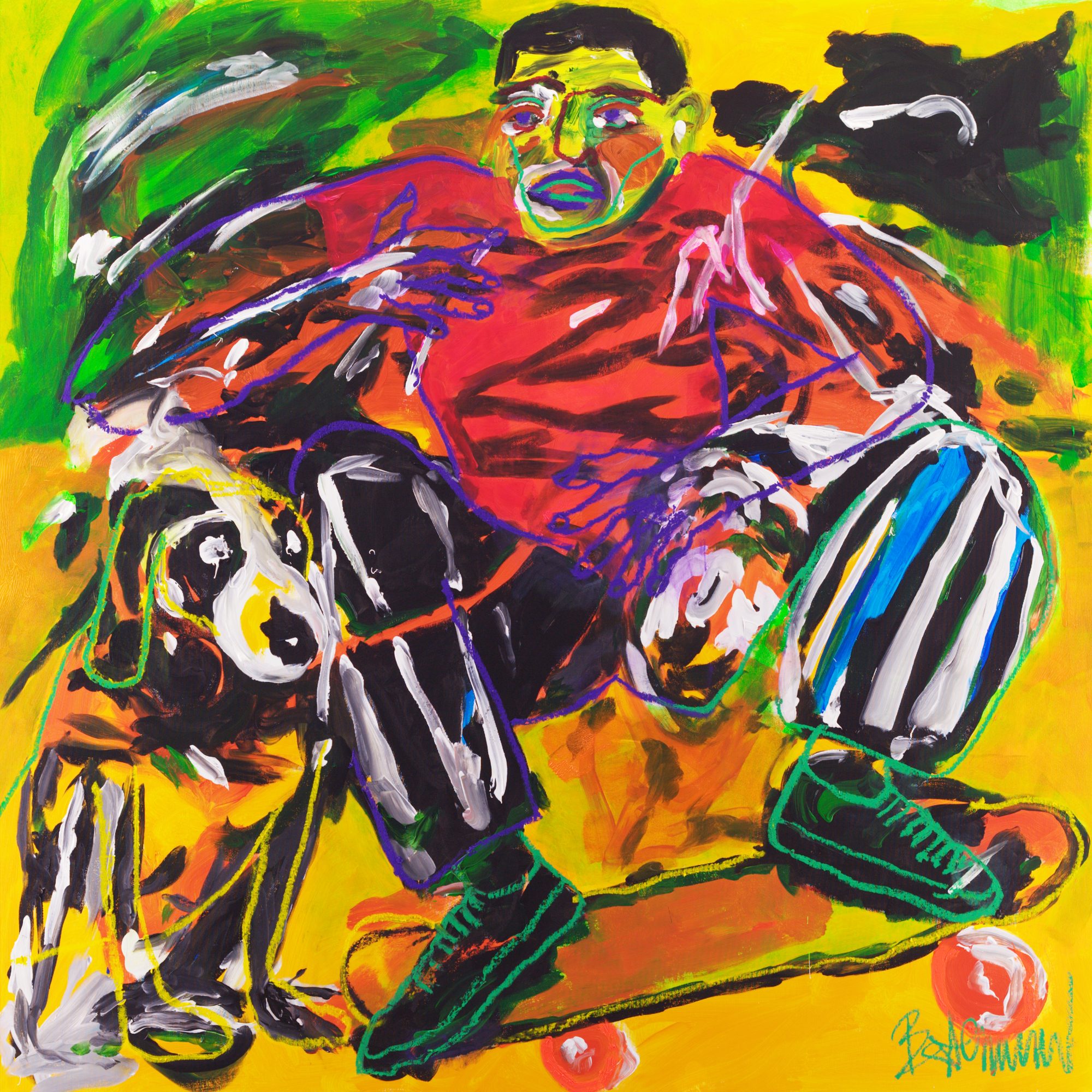 Sidekick (2026), a 160 × 160 cm figurative painting by Claus Bertermann: a man on a motionless skateboard, and the dog who decided he was worth looking at.