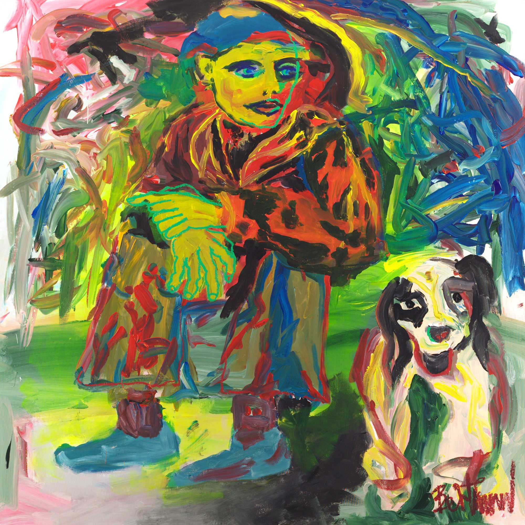 Sidekick Two (2026), a 160 × 160 cm figurative painting by Claus Bertermann: no lead, an empty hand, and a dog who stays anyway. Hand-painted, no AI.