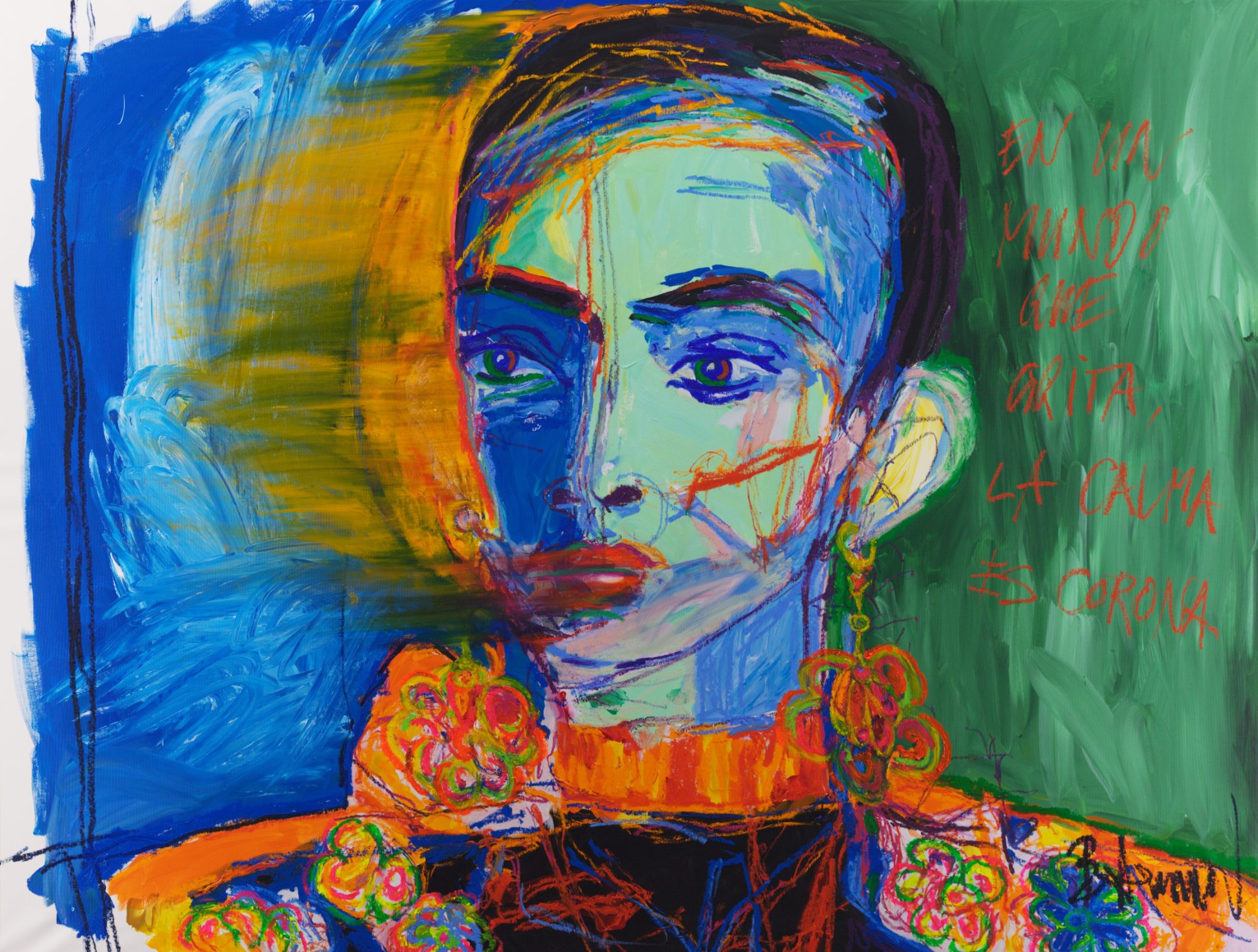 Pianissimo (2026), a 150 x 200 cm painting by Claus Bertermann - a calm, proud woman in rich jewellery beside a line about quiet strength. Hand-painted, no AI.