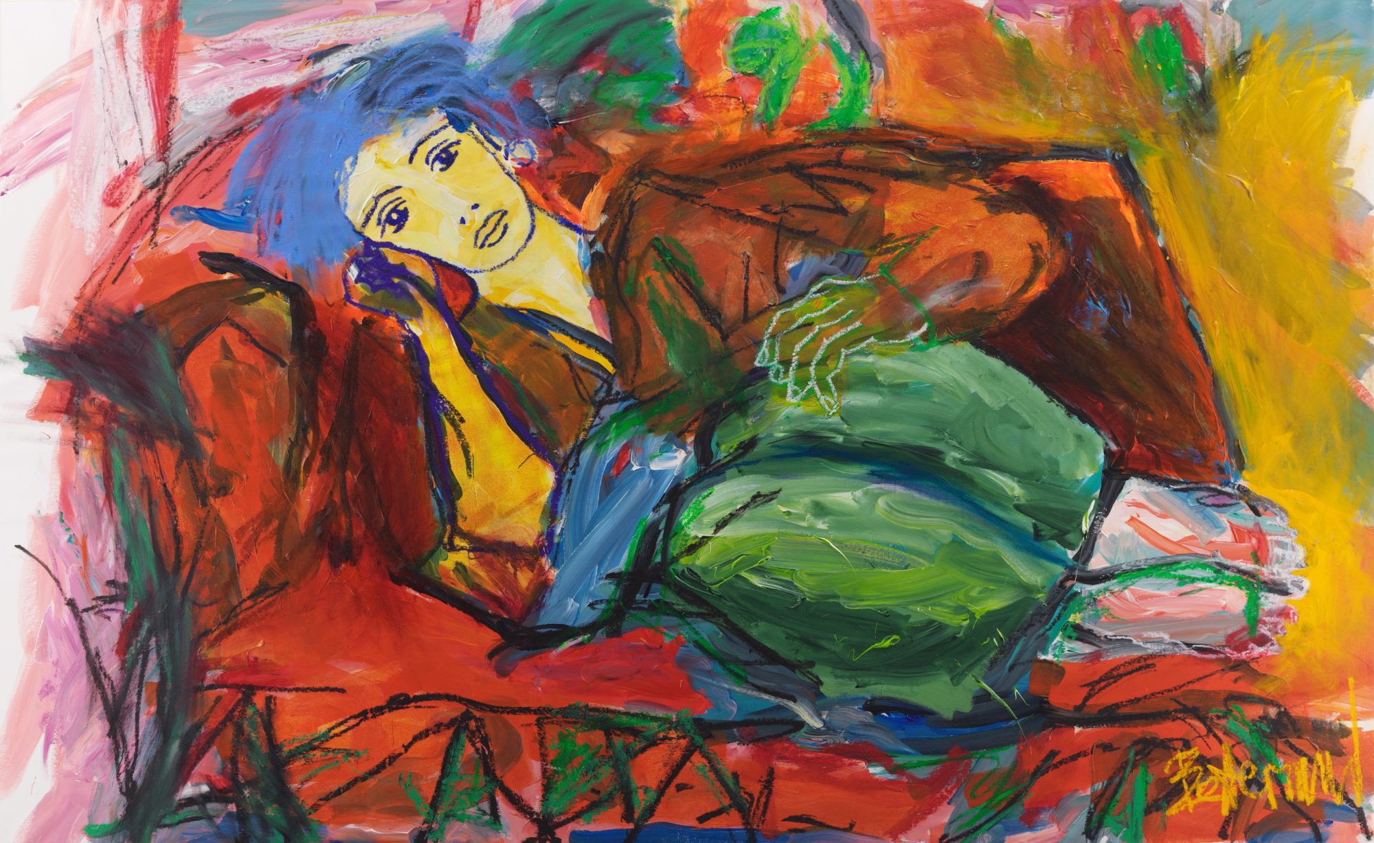 Stillness (2026), a 130 x 180 cm painting by Claus Bertermann - a loud red room with exactly one calm thing in it. Hand-painted, no AI.