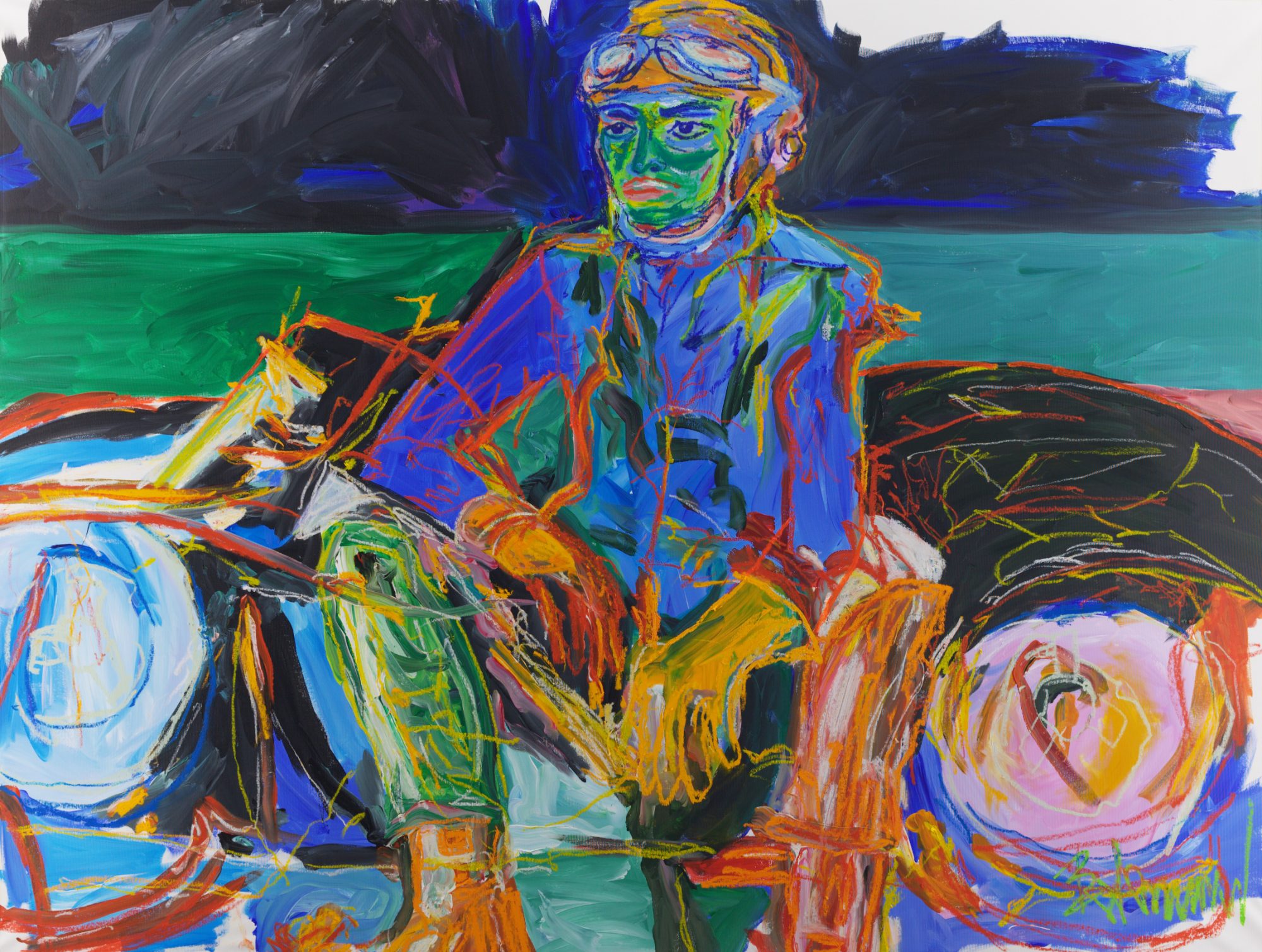 Stranded on Track (2026), a 150 x 200 cm painting by Claus Bertermann - a stranded 1960s driver, determined, already planning the next race. Hand-painted, no AI.