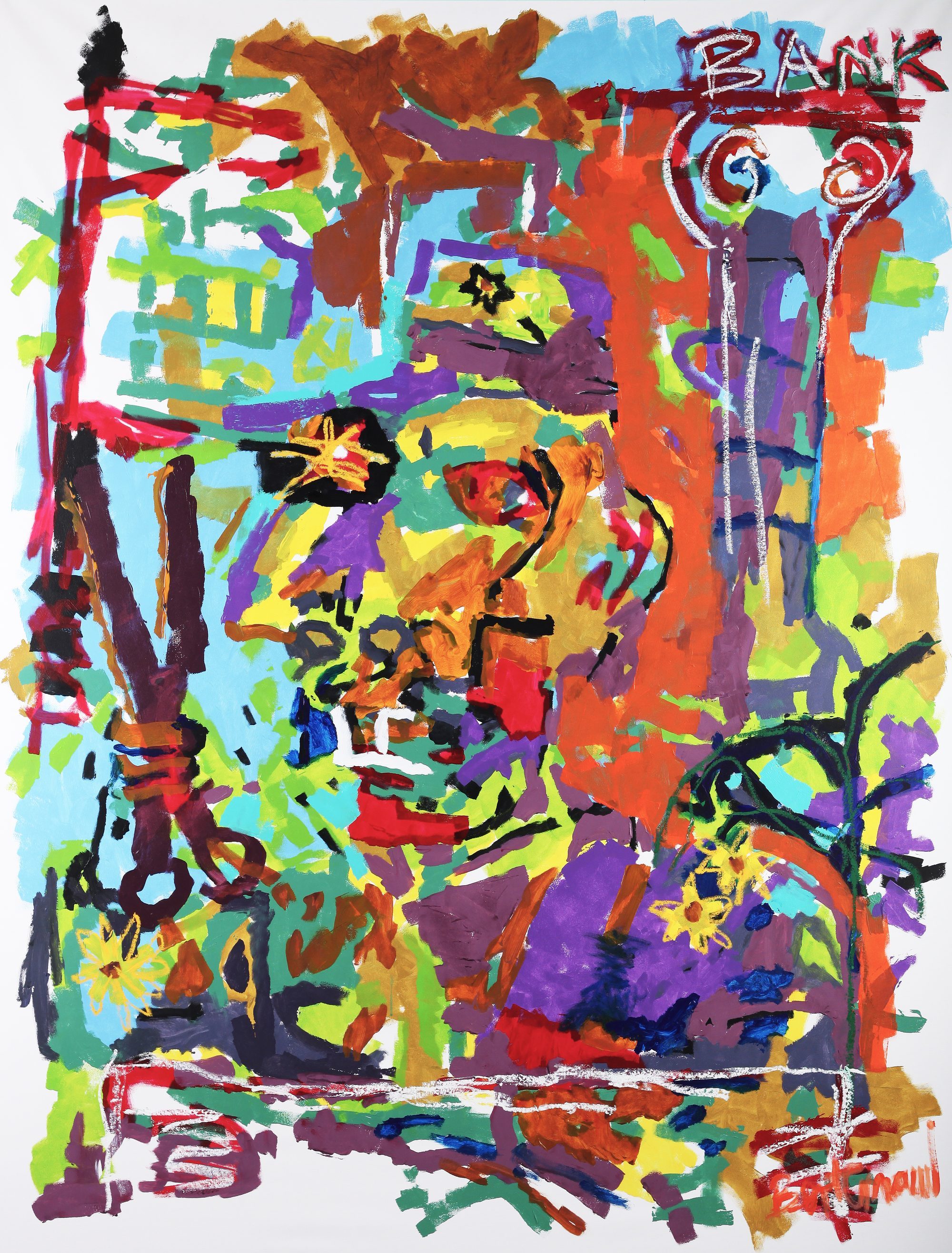 Claus Bertermann - The Executor, contemporary figurative painting, Acrylic and oil stick on canvas  (based on a sketch from Poet Marcelino Fernandez Suarez), 210x160 cm (82.7 × 63.0 inches), 2023