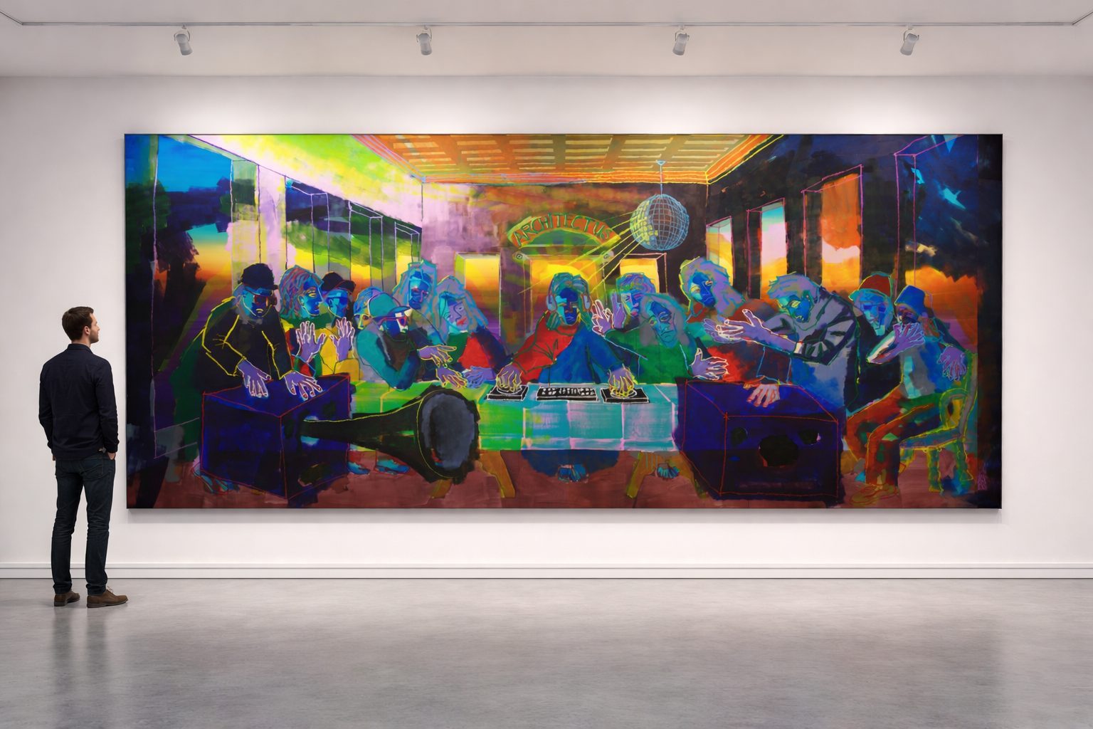 Claus Bertermann - The Last Song, contemporary figurative painting, Acrylic, oil stick and pencil on canvas, 200x450 cm (78.7 × 177.2 inches), 2026