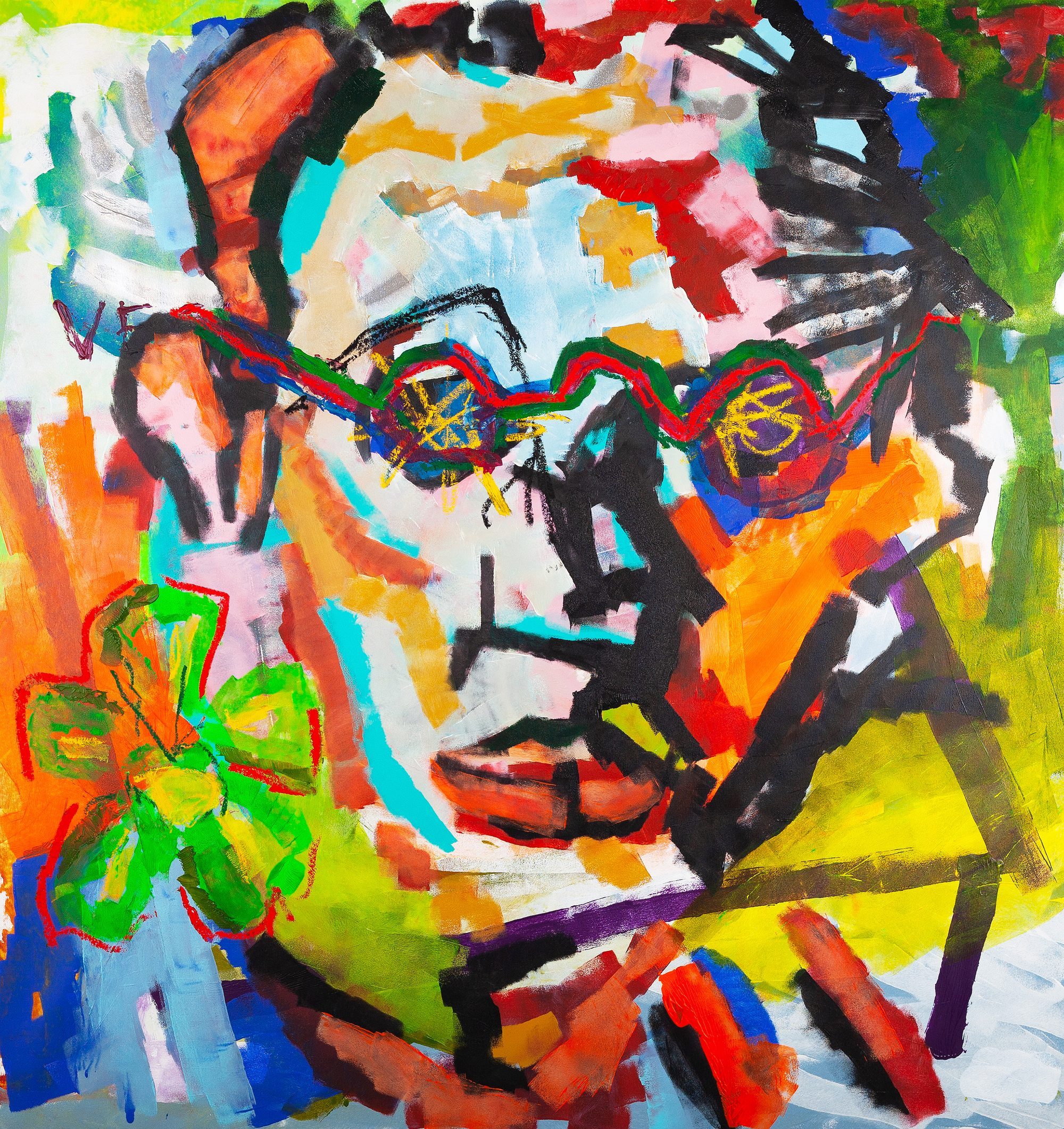 Claus Bertermann - The Physicist, contemporary figurative painting, Acrylic and oil stick on canvas, 160x150 cm (63.0 × 59.1 inches), 2024