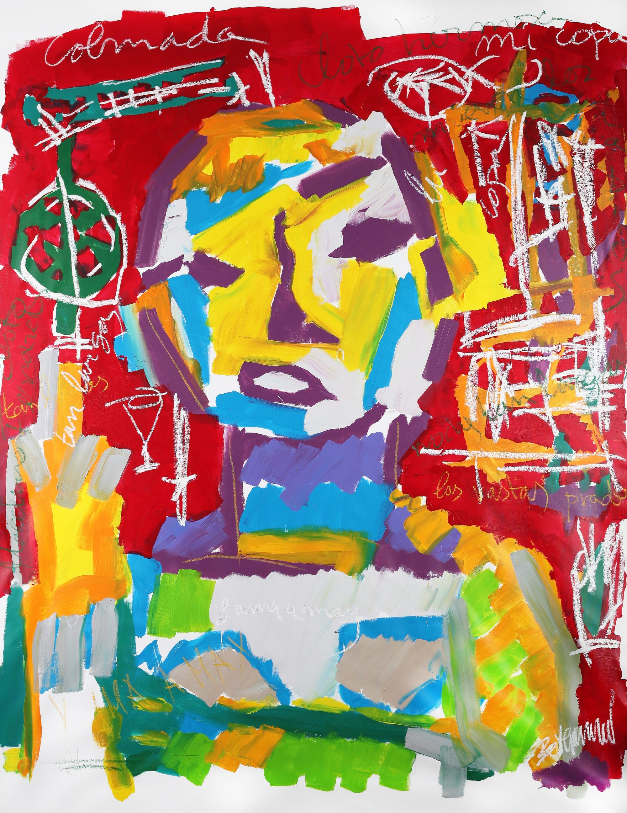 Claus Bertermann - Three Sisters, contemporary figurative painting, Acrylic and oil stick on canvas (based on a sketch from Poet Marcelino Fernandez Suarez), 210x160 cm (82.7 × 63.0 inches), 2023