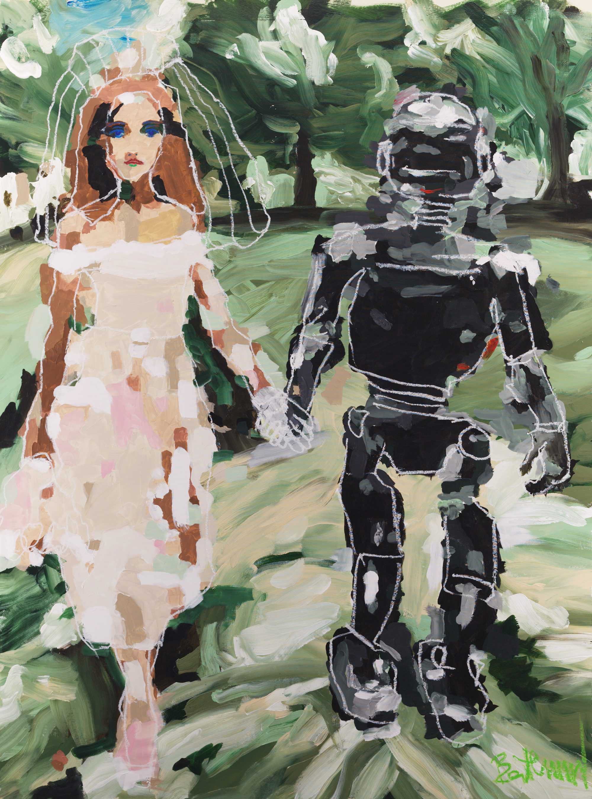 Till Disconnect Do Us Part (2026) by Claus Bertermann: a bride and a robot hand in hand. 210 × 160 cm, acrylic and oil stick on canvas. Hand-painted, no AI.