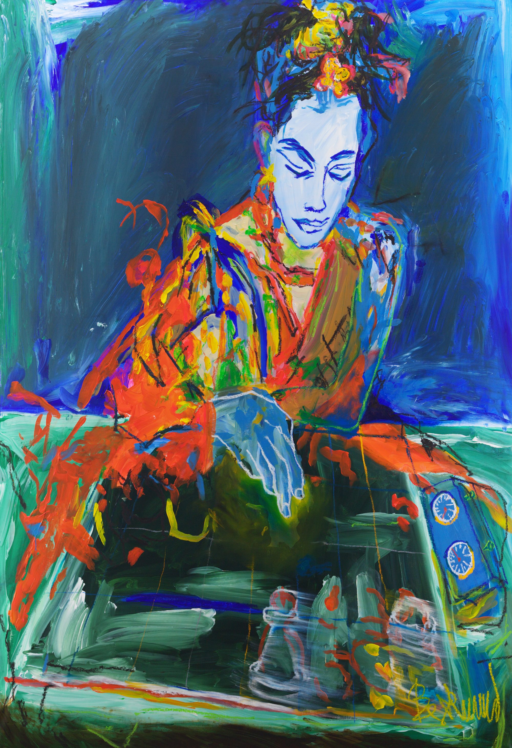 Trace (2026), a 200 x 150 cm painting by Claus Bertermann - a chess game that turns out to be a vanitas: a clock, flowers and pieces made of glass. Hand-painted, no AI.