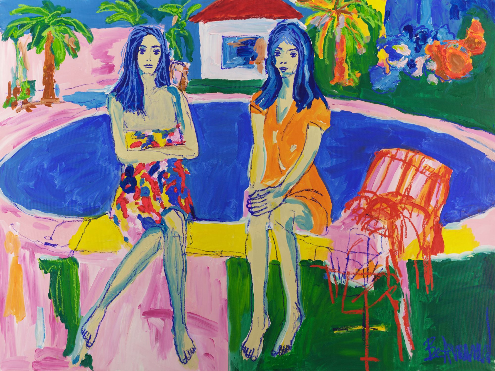 Twin Palms (2026), a 150 x 200 cm painting by Claus Bertermann - two young women at a pool among palm trees, one striped chair left free. Hand-painted, no AI.