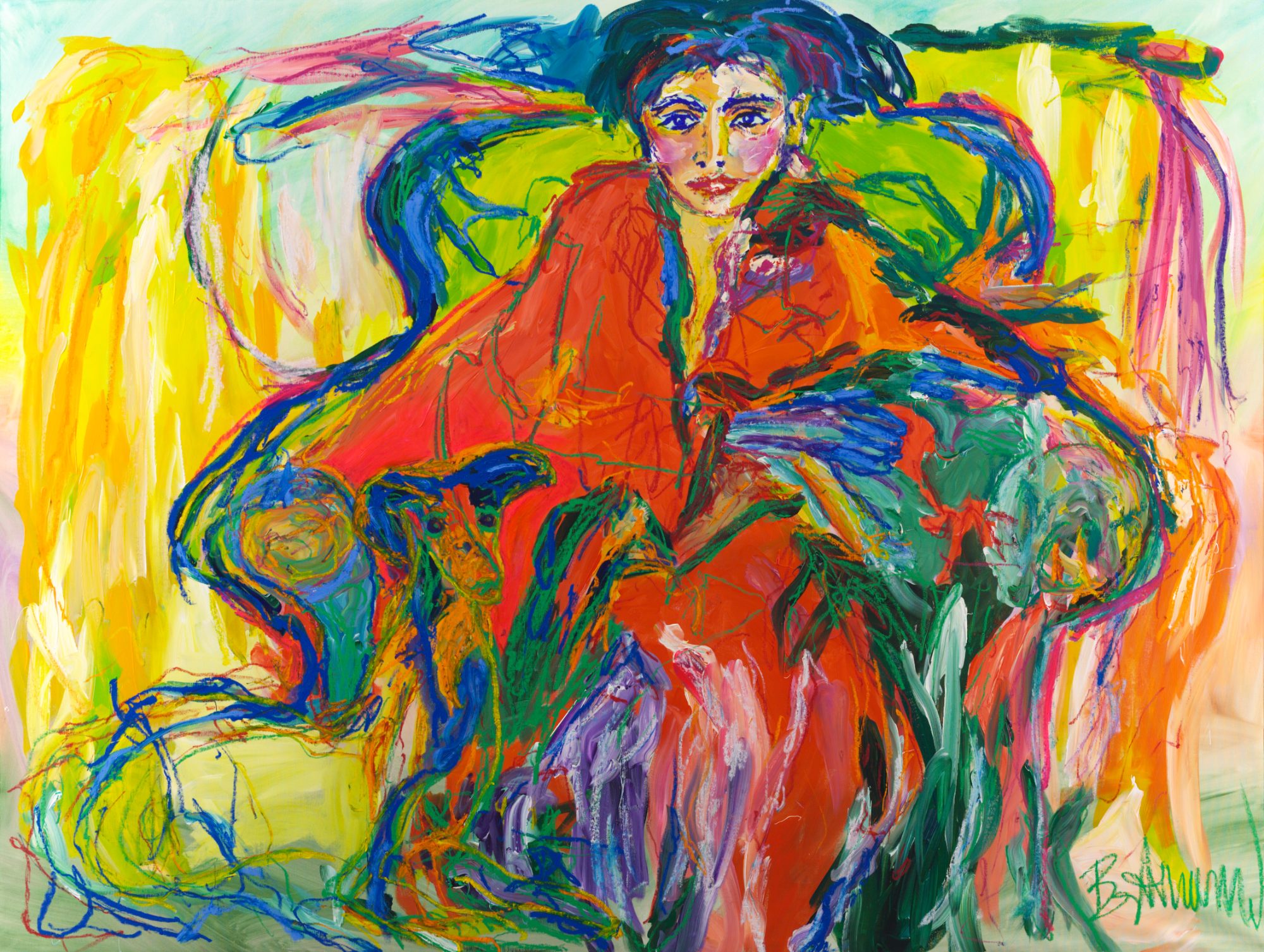 Windspiel (2026), a 150 x 200 cm painting by Claus Bertermann - the title promises a greyhound, and the eye finds it only on the second look. Hand-painted, no AI.
