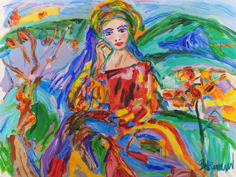 As de Oros (2026) by Claus Bertermann — a young woman in a red dress with orange and yellow sleeves and a wreath of green, yellow and orange in her hair sits with her hand at her cheek in a sunlit landscape of green hills and a deep blue mountain, between trees with round golden fruits, a band of red and yellow flowing to the lower right. 150 × 200 cm. Hand-painted, no AI.