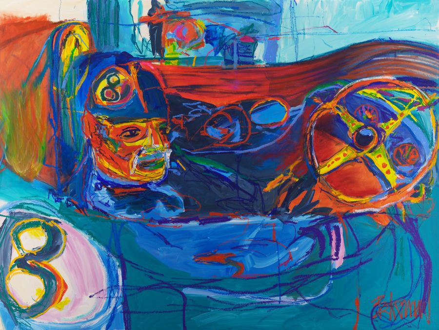 Eau Rouge (2026) by Claus Bertermann — a 1960s racing driver in a dark blue helmet with the number 8 and a cloth face mask, his gaze calm and focused, beside a large steering wheel with yellow spokes, the red-brown curve of Eau Rouge rising above him against turquoise and pale blue, a second number 8 on a white roundel at the lower left. 150 × 200 cm. Hand-painted, no AI.