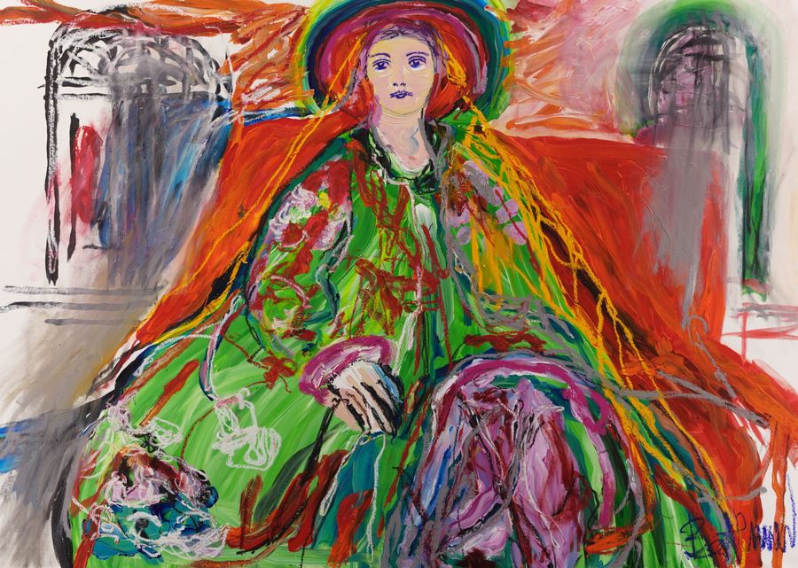 Madonnina (2026) by Claus Bertermann — a seated Madonna figure shown frontally, a vermilion mantle opening across the full width of the canvas over a green flowered dress, her hands folded at the centre, a rainbow-banded halo-brim above her head and two dark arched niche forms behind. 130 × 180 cm. Hand-painted, no AI.