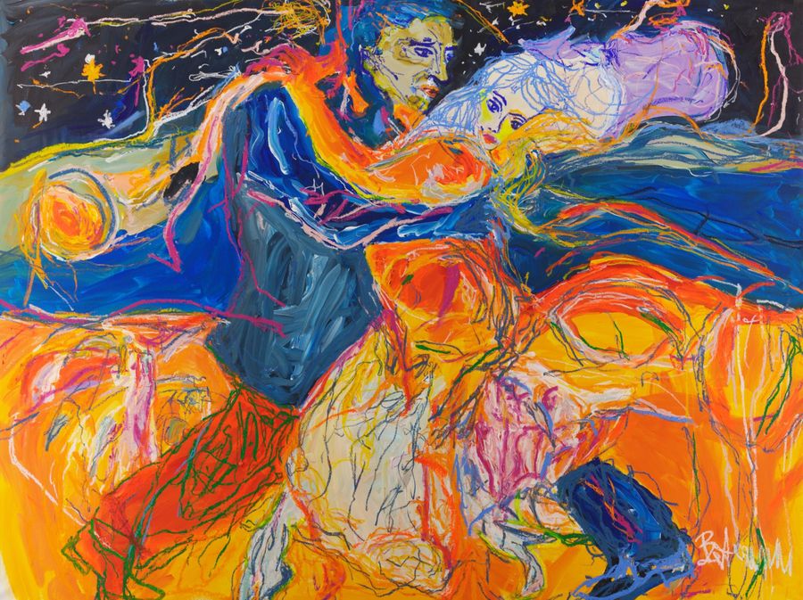 Orbit (2026) by Claus Bertermann — a man in a dark blue suit holds a woman in a deep dance dip, her lilac and white hair streaming into a starry night sky, above a blazing field of orange, yellow and red traced with pink, green and white lines, a glowing orange sun on the left. 150 × 200 cm. Hand-painted, no AI.
