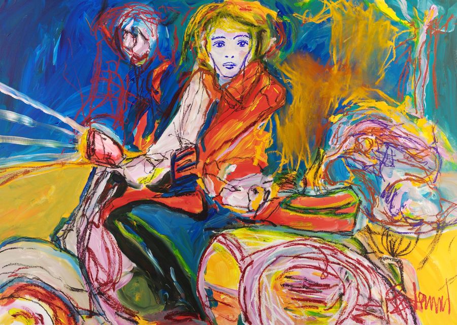 Roma 2 (2026) by Claus Bertermann — a blonde rider in a vermilion jacket on a white scooter at night in Rome, four white headlamp beams cutting left across a deep cobalt ground, a scaffolded façade drawn in red oil stick behind her and a cadmium field of lamplight at the right. 130 × 180 cm. Hand-painted, no AI.