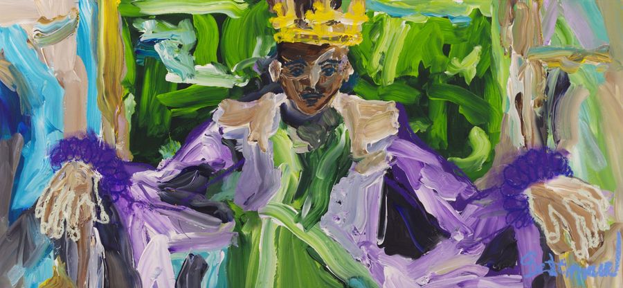 So Be It (2026) by Claus Bertermann — a king seated frontally in a lilac and violet mantle with violet ermine cuffs, wearing a heavy cadmium-yellow crown, his hands open on the arms of his seat, against a wall of brushed green with two pale attendant figures at the edges. 60 × 130 cm. Hand-painted, no AI.