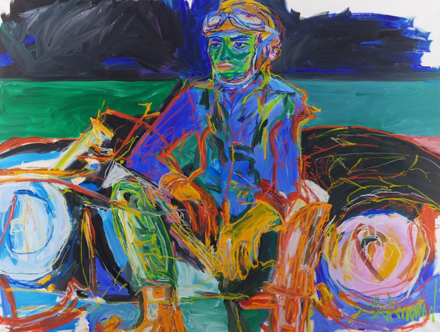 Stranded on Track (2026) by Claus Bertermann — a 1960s racing driver in a leather helmet with goggles pushed up, a green face and orange gloves, sits on the sill of a low black racing car with a pale blue and a pink wheel, in front of a band of green grass and a dark sky, his gaze determined. 150 × 200 cm. Hand-painted, no AI.