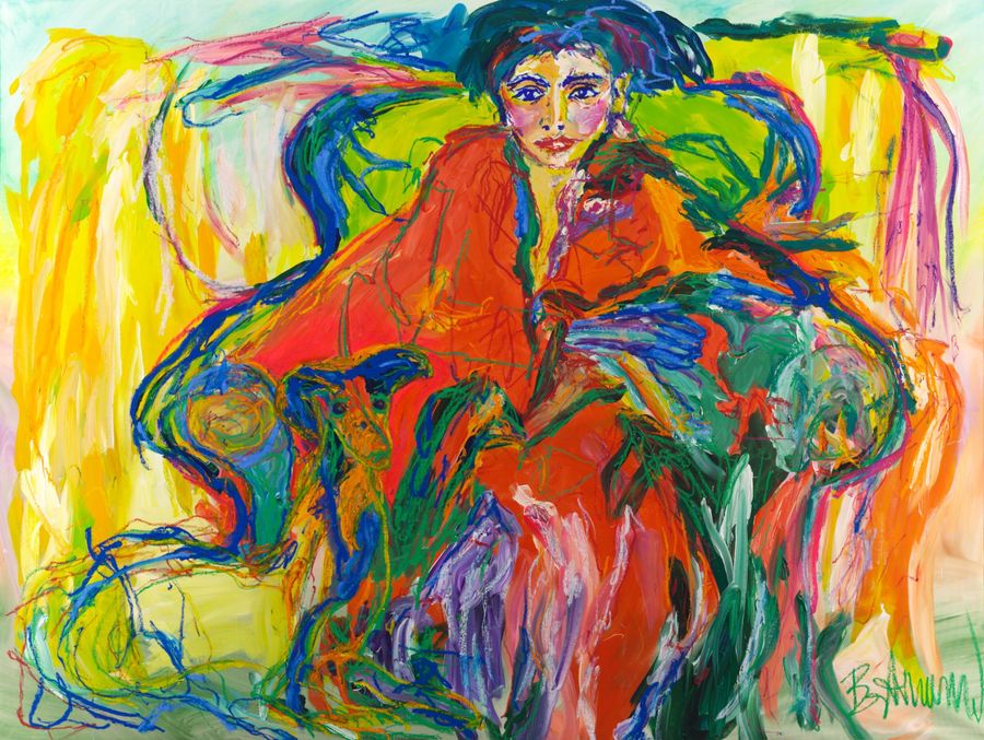 Windspiel (2026) by Claus Bertermann — a dark-haired woman with blue eyes in a wide vermilion coat sits in a lime-green armchair with looping blue arms, a slender greyhound with an orange head and blue ears sitting in front of her, against a bright yellow streaked background with pink and red ribbons at the upper right. 150 × 200 cm. Hand-painted, no AI.